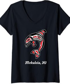 Womens Native Mokuleia Hawaii Red Orca Killer Whale V-Neck T-Shirt