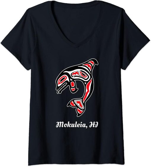 Womens Native Mokuleia Hawaii Red Orca Killer Whale V-Neck T-Shirt