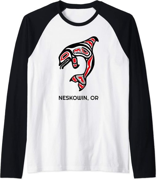 Neskowin Oregon PNW Native American Indian Orca Killer Whale Raglan Baseball Tee