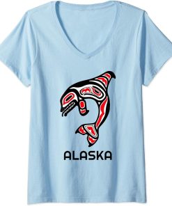 Womens Alaska State Pride Orca Native American Indian Killer Whale V-Neck T-Shirt